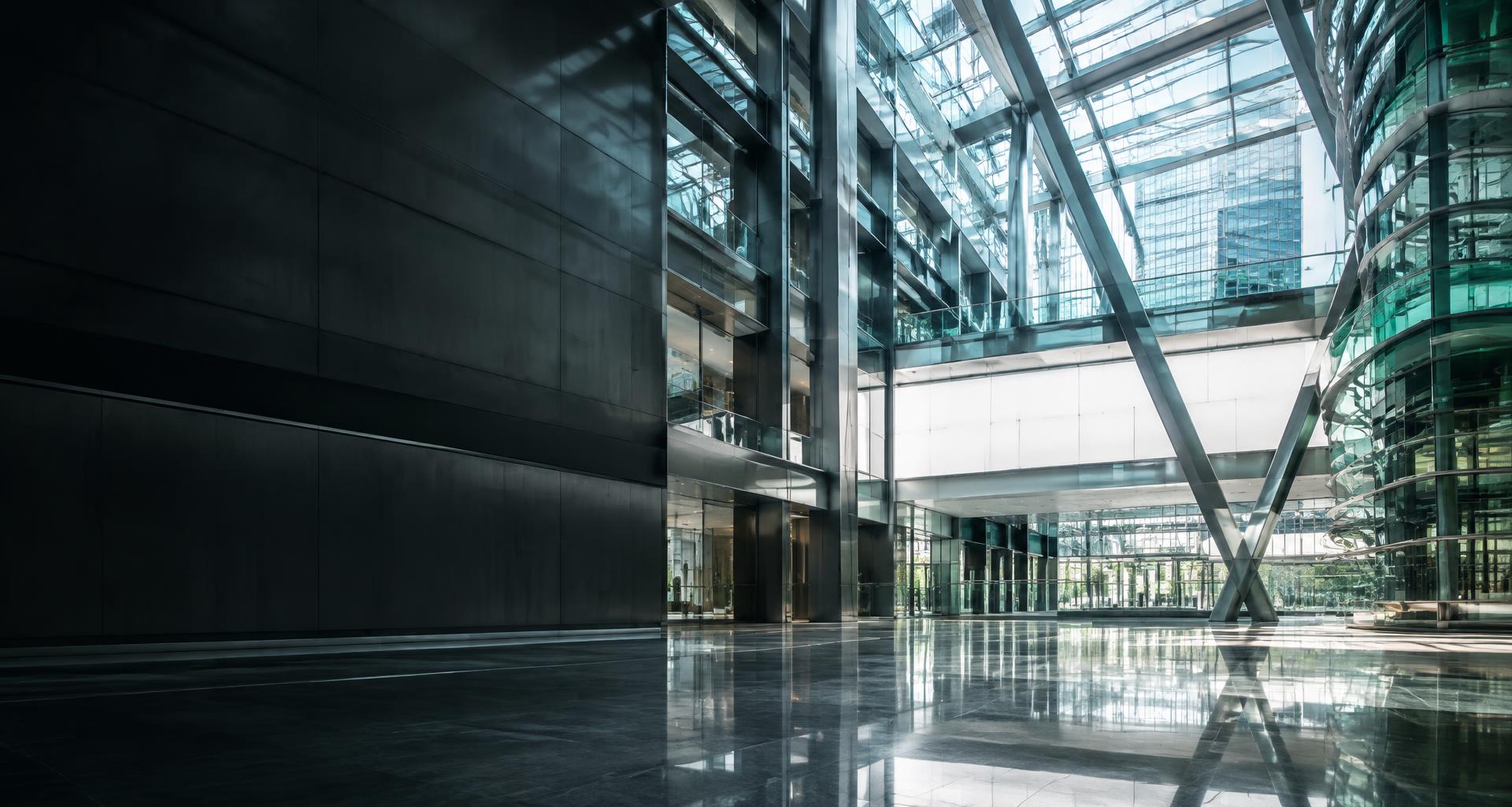 Glass and steel atrium with intersecting structural lines